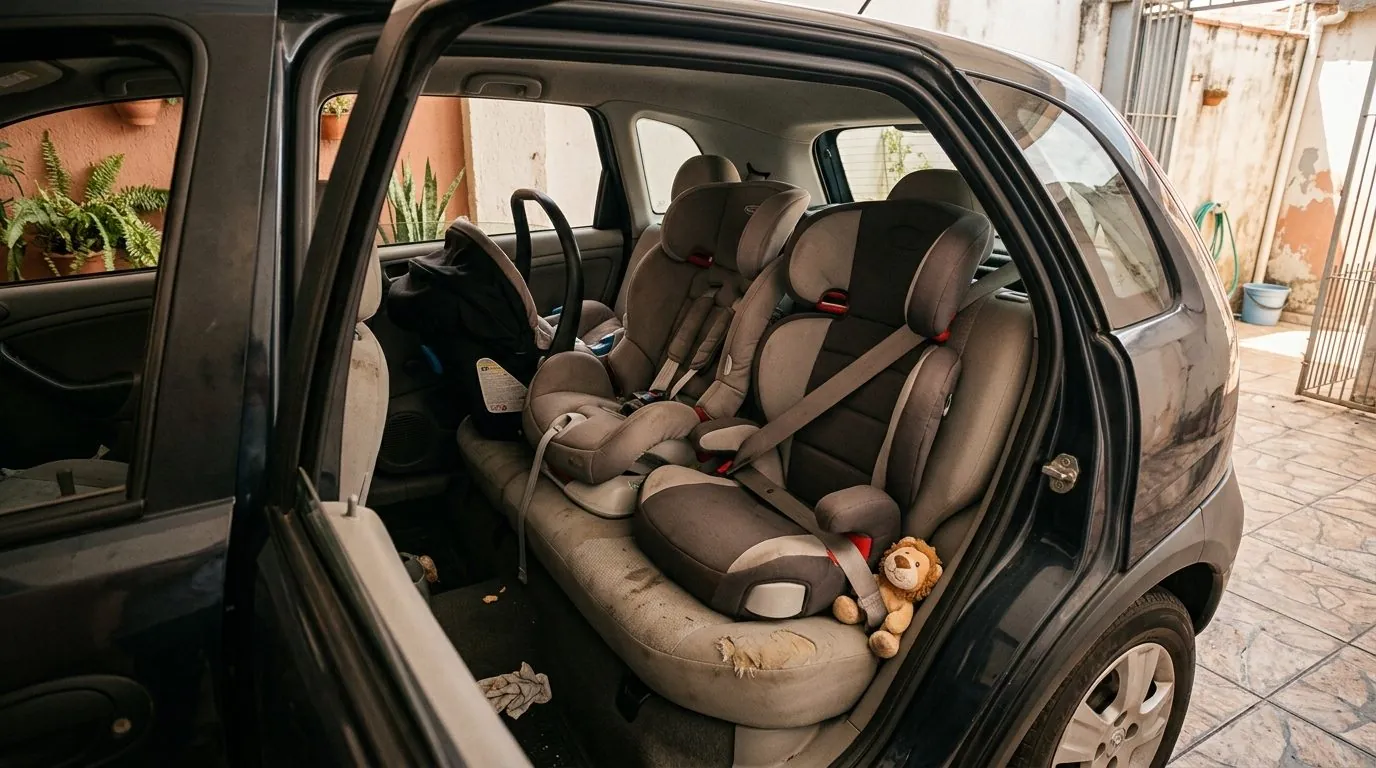 Banco de trás de um carro com bebê conforto, cadeirinha e assento de elevação lado a lado