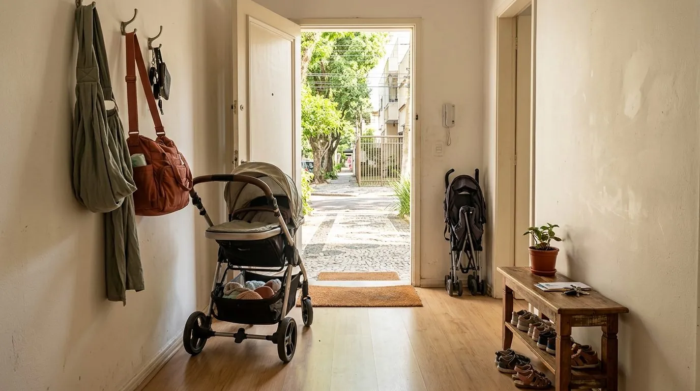 Entrada de casa com um carrinho de bebê, um carrinho guarda-chuva fechado e um canguru pendurado